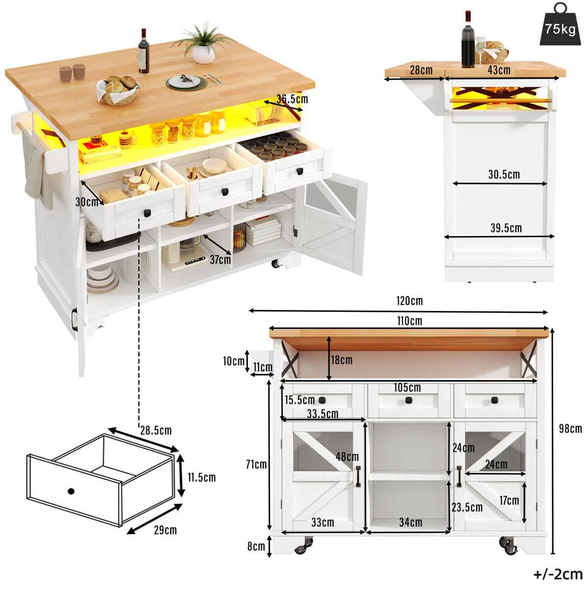 KÜCHENINSEL 120/43/98 cm Weiß aus MDF mit Klapptisch und LED - Weiß, Holzwerkstoff (120/98/43cm) - OKWISH