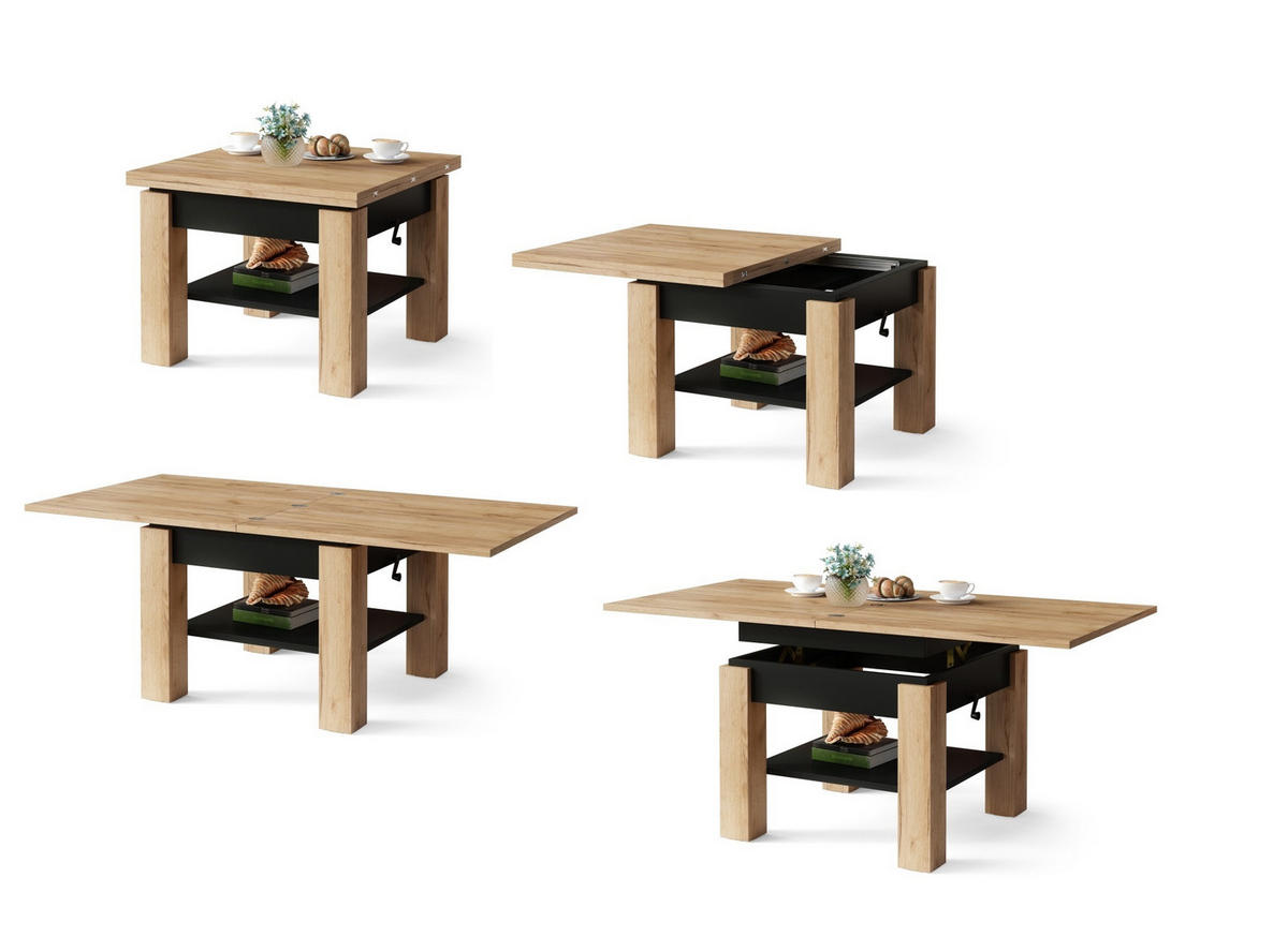COUCHTISCH quadratisch aufklappbar höhenverstellbar 70/75/69 cm - Eichefarben/Schwarz, Holzwerkstoff (75/70/57cm) - designimpex