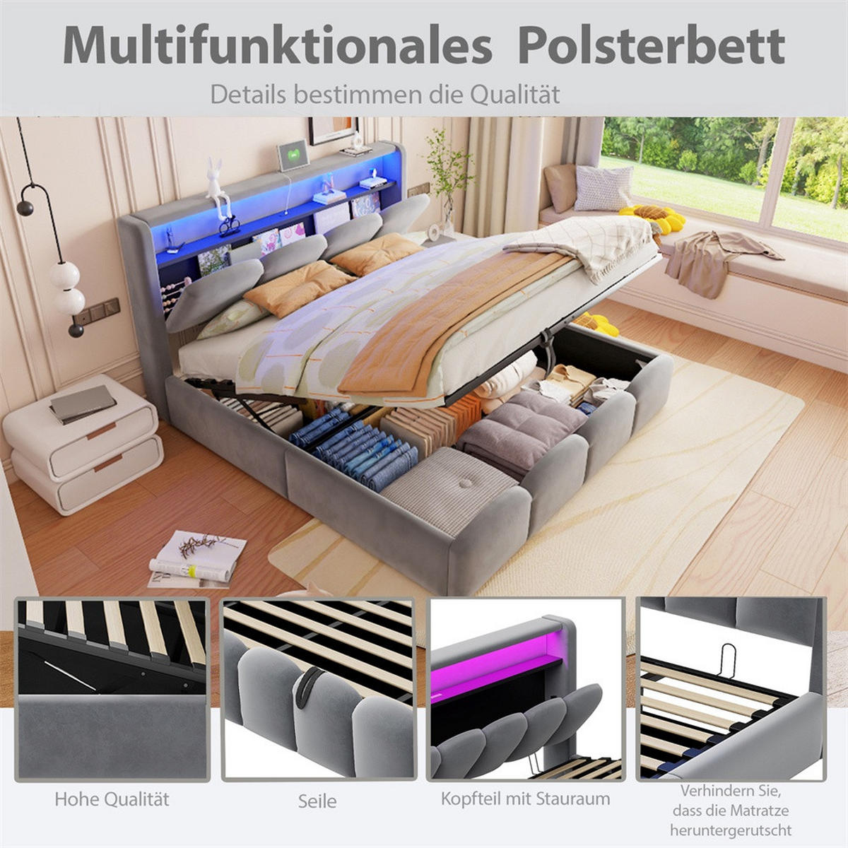 POLSTERBETT 140x200 cm mit KopfteilStauraum & hydraulischem Stauraum - USB und Type-C & LED - Grau - Grau, Textil (140/200cm) - DELFA