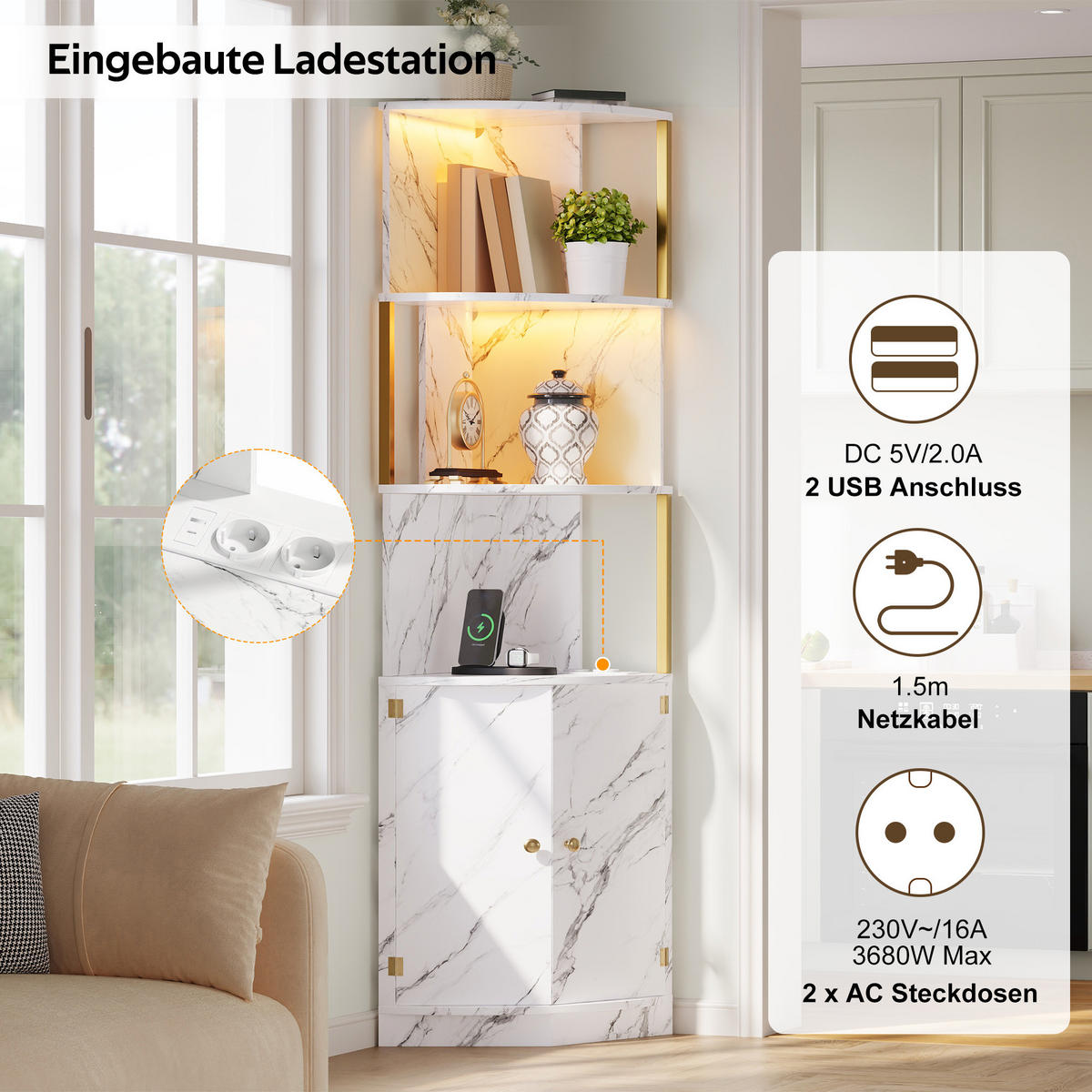 MEHRZWECKSCHRANK DE-38762 38/38/180 cm LED-Beleuchtung und 2 Türen Marmoroptik/Gold - Weiß, Holzwerkstoff (38/180/38cm) - ComfortXL