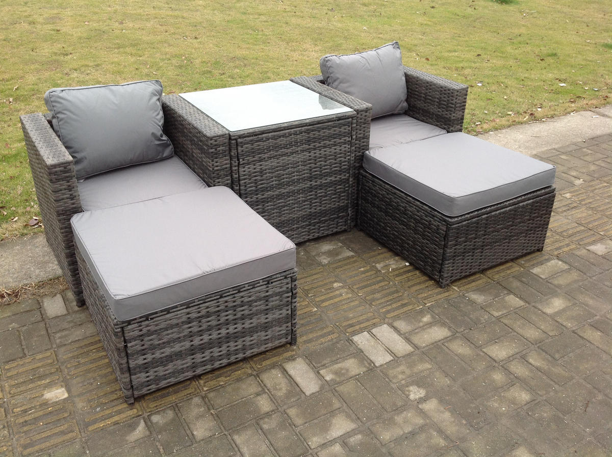 GARTENSOFA SET Polyrattan 4-Sitzer - Dunkelgrau/Grau, Glas/Kunststoff - Fimous