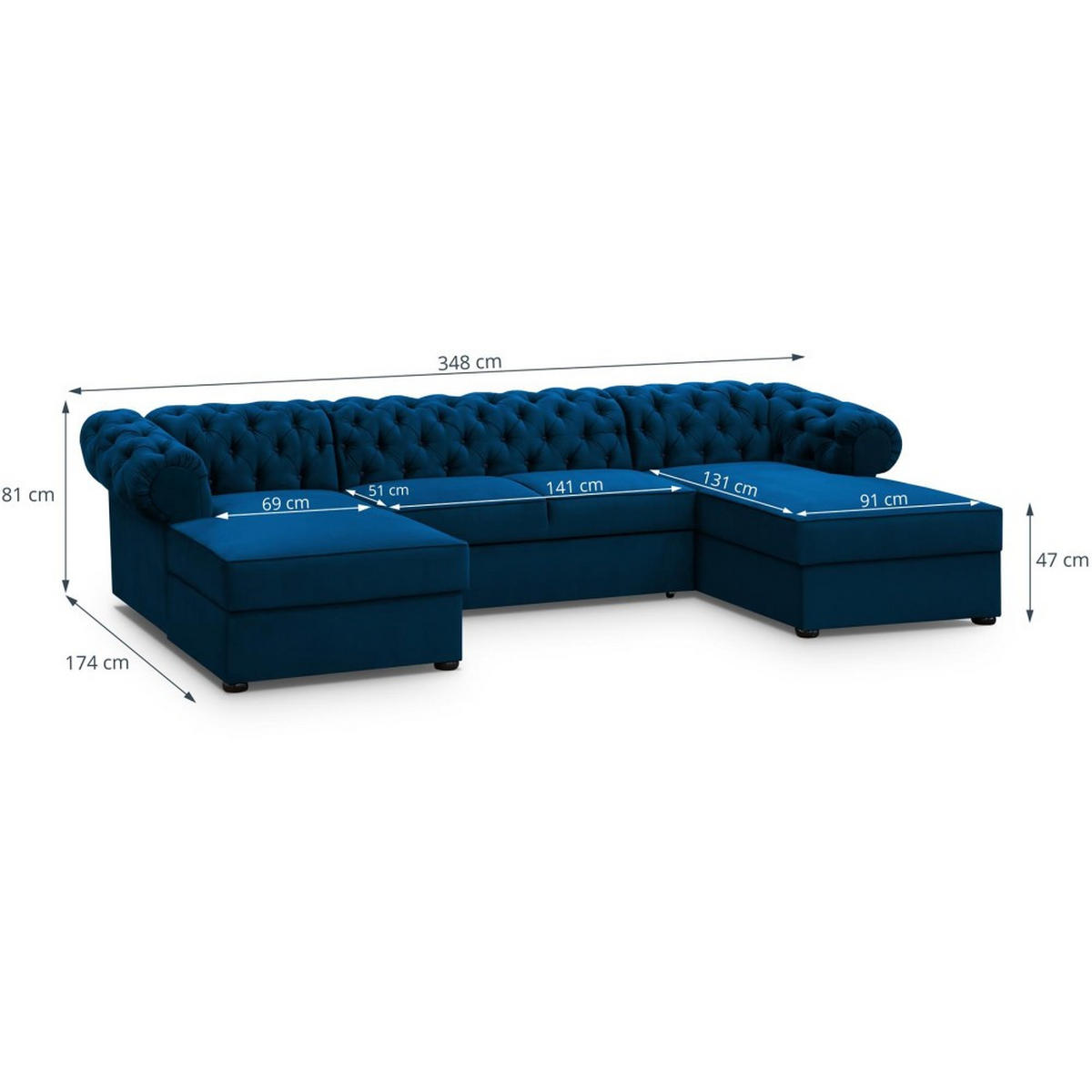 WOHNLANDSCHAFT Chester im Chesterfield-Stil, Dunkelblau - Schwarz/Dunkelblau, Textil (348/81/174cm) - Beautysofa