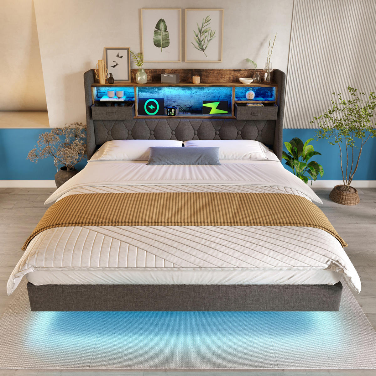 POLSTERBETT 160/200 cm mit LED-Beleuchtung, USB- und Type-C-Anschluss, Stauraum-Kopfteil aus Leinen, Grau - Grau, Textil (160/200cm) - Redom
