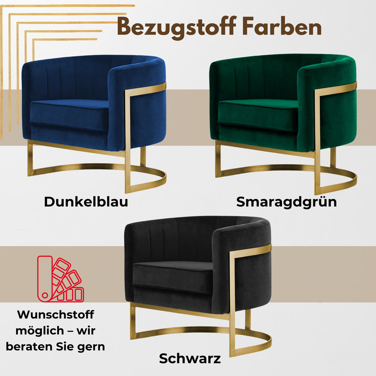 DESIGNSESSEL Glam Elegance – Individuell gefertigter Design-Sessel mit Edelstahlrahmen - Smaragdgrün/Goldfarben, Textil/Metall (75/71/68cm) - Fortisline