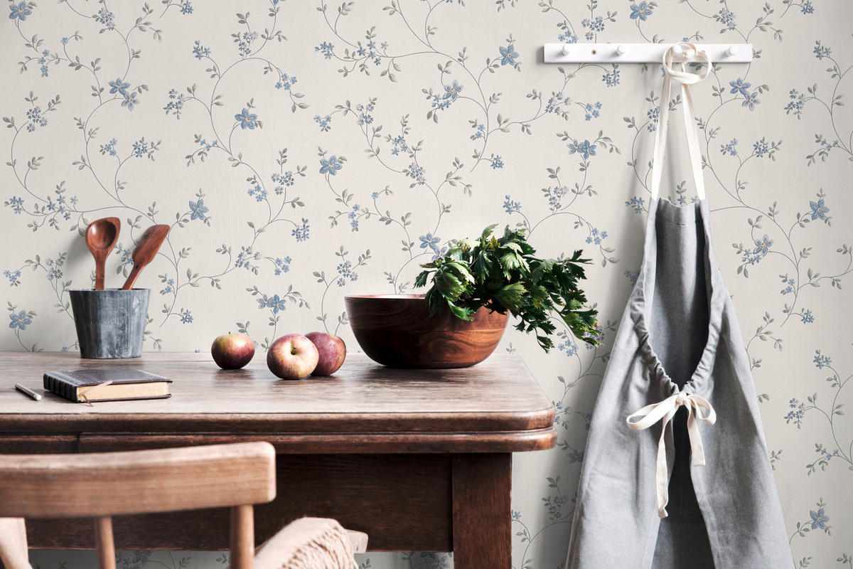 LANDHAUSTAPETEN Blumentapete, creme, grau - Beige/Creme, Papier (530/10050cm) - KUNSTLOFT