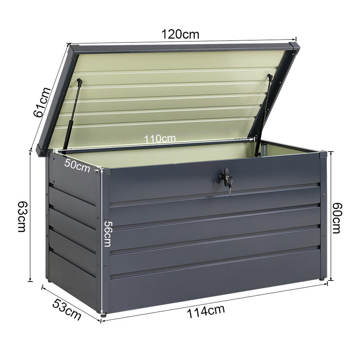 GARTENBOX Auflagenbox Kissenbox mit Schloss für Werkzeuge aus Metall in Schwarz in AußenGarten abschließbar 120 x 61 x 63 cm 20 kg - Schwarz, Metall (120/63/61cm) - Livingandhome