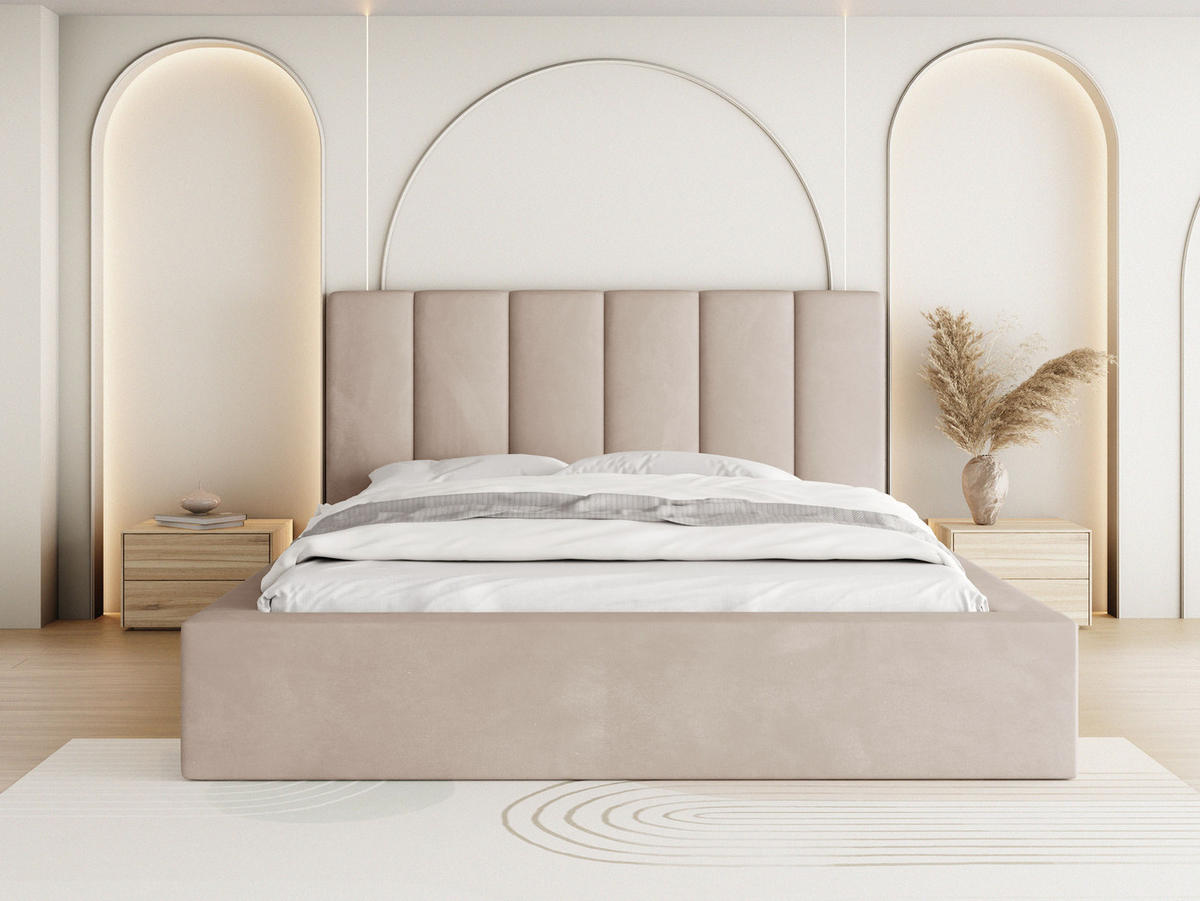 POLSTERBETT Amira mit Bettkasten, Beige Samt 140x200 cm - Ecru/Beige, Holz/Holzwerkstoff (140/200cm) - WFL GROUP