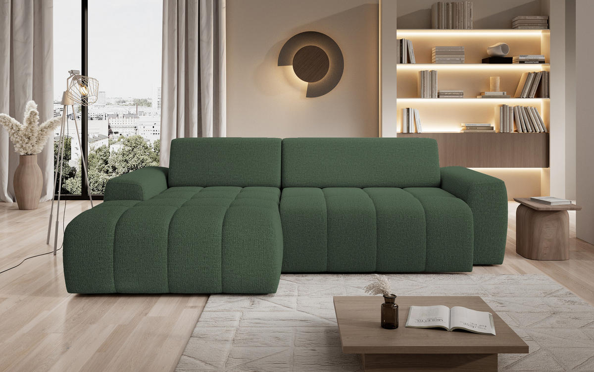 ECKSOFA Savio Freistehend, Mit Abriebfestem Kansas-Stoff, Maße 265x172x81cm, Ausziehbare Sitzfläche 206x92cm, Linke, Grün - Grün, Holz/Textil (172/265cm) - DomoHome