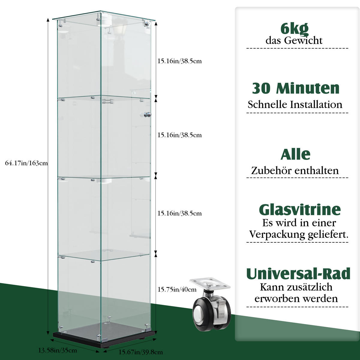 VITRINE Glas LED, 4 Regale, mit Schloss, für Wohn-, Schlaf & Esszimmer - Schwarz, Holz (35/163/39.8cm)