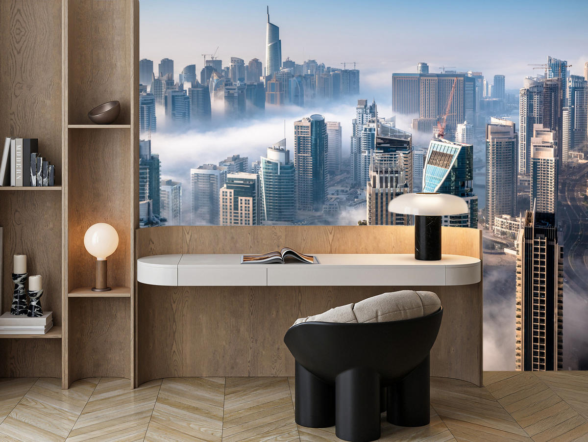 FOTOTAPETE für Büro Dubai Nebel Wolkenkratzer Skyline Panorama 500x350 - Blau/Beige, Papier (500/350cm) - Muralo