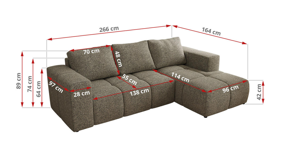 ROHOVÁ SEDAČKA MONIVA L - Šedá Strukturovaná látka - Levá Strana - šedá/černá, textil/plast (164/266cm) - MKS