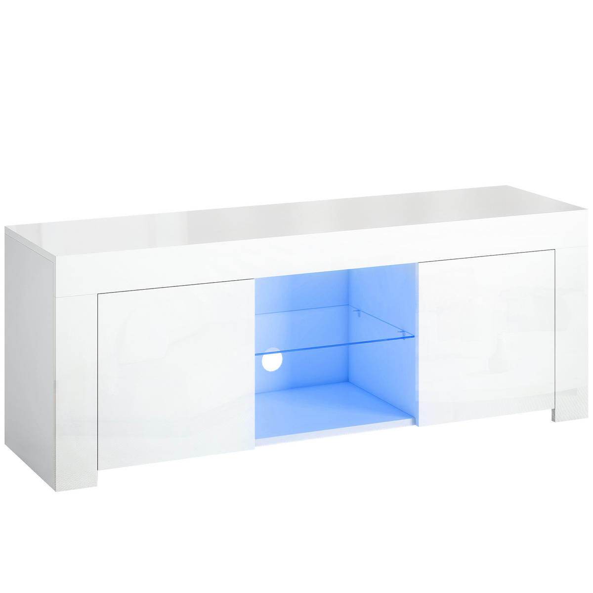 TV-SCHRANK mit LED-Beleuchtung, 2 Schranktüren, Glasregal, Kabellöcher Weiß - Weiß Hochglanz/Weiß, Glas/Holzwerkstoff (34/45/120cm) - HOMCOM