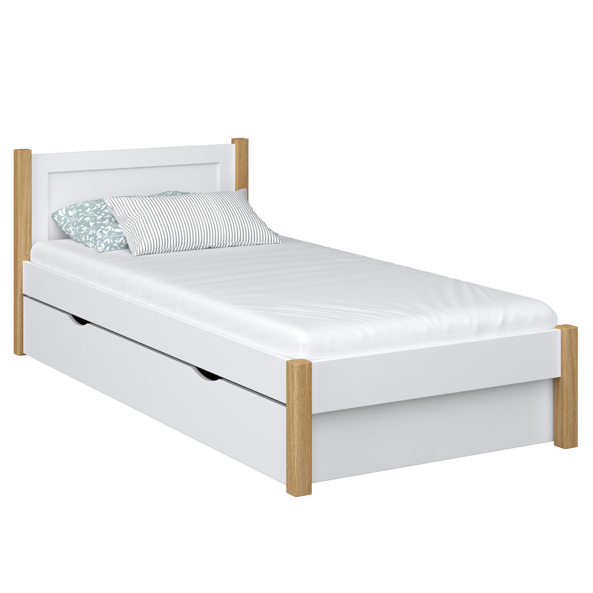 BETT mit Schublade N02 Weiß / Eiche Natur 90/190 - Eiche Artisan/Weiß, Naturmaterialien/Holz (90/190cm) - N-Wood