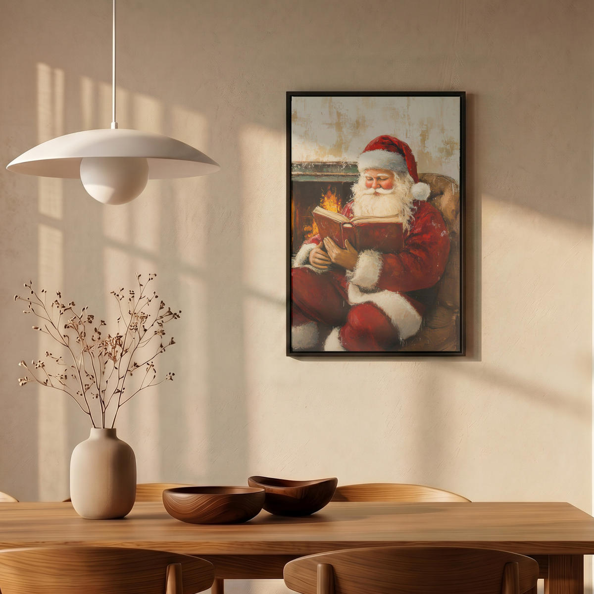 LEINWAND Bilder mit Rahmen - Weihnachten - Weihnachtsmann - Winter - Open Fireside - 40x60 - Dunkelrot, Textil (40/60cm) - MuchoWow