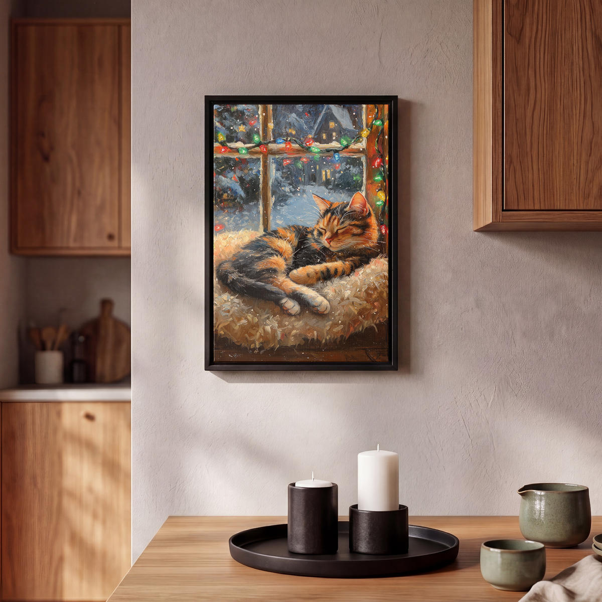 LEINWAND Bilder mit Rahmen - Katze - Weihnachten - Winter - Tier - 20x30 - Bernsteinfarben, Textil (20/30cm) - MuchoWow