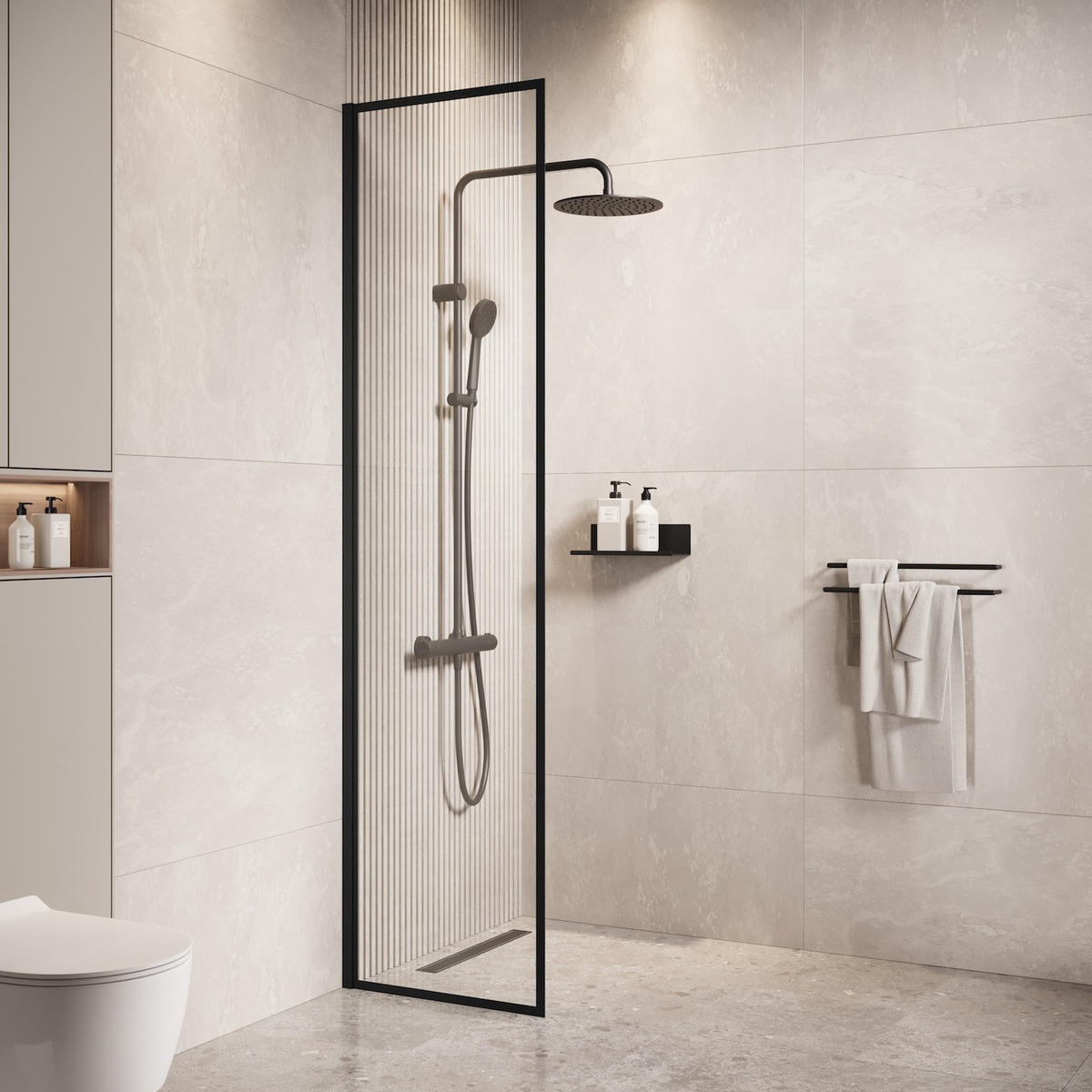 DUSCHWAND Georgia - 40 x 200 cm - Schwarz - Walk-In Duschabtrennung aus Sicherheitsglas - Schwarz, Glas (40/200cm) - Badplaats