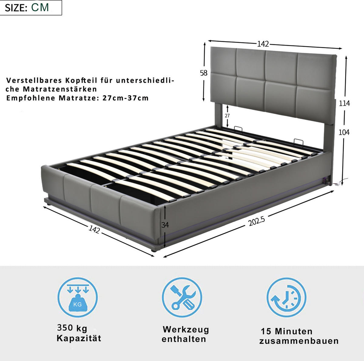 POLSTERBETT mit LED-Beleuchtung 140/200 cm mit Bettkasten & Kunstleder in Grau - Grau, Textil (140/200cm) - BEAOK
