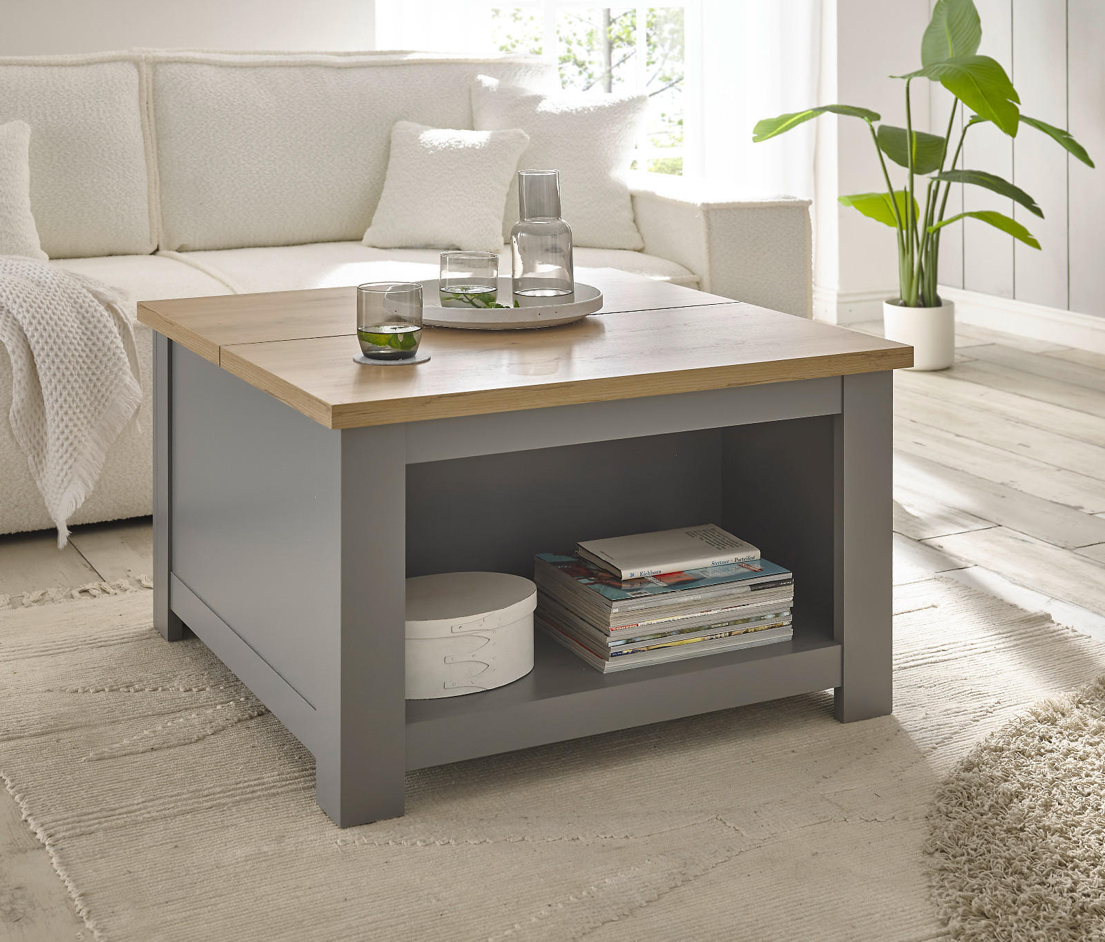 COUCHTISCH grau, Artisan Eiche Landhaus, Beistelltisch quadratisch mit Ablage - Hellgrau/Eiche Artisan, Holzwerkstoff/Metall (83/83/50cm) - Furn.Design