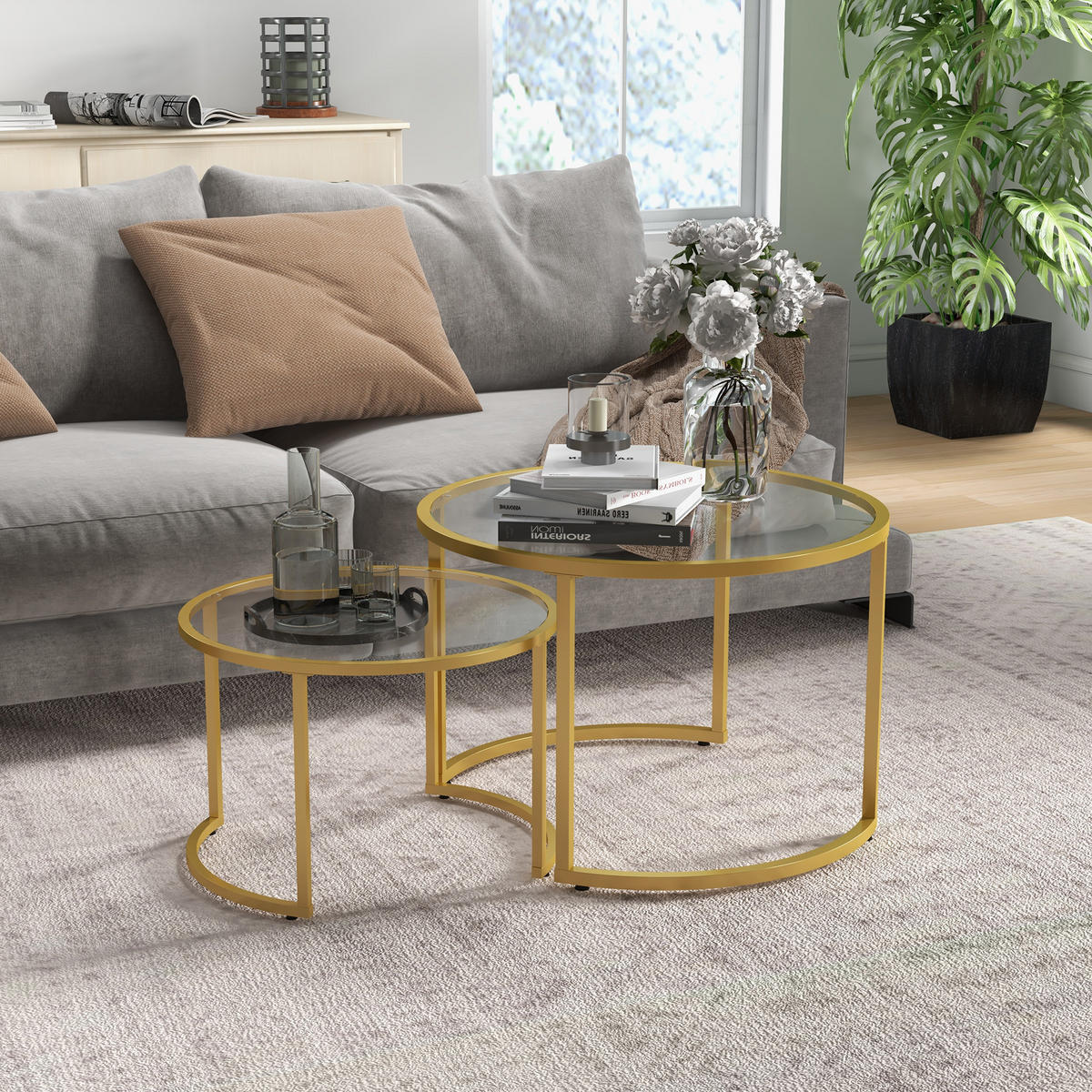 COUCHTISCH DE-15751 2er-Set nestbar mit Glasplatten Gold - Goldfarben, Metall (70/70/47.5cm) - ComfortXL