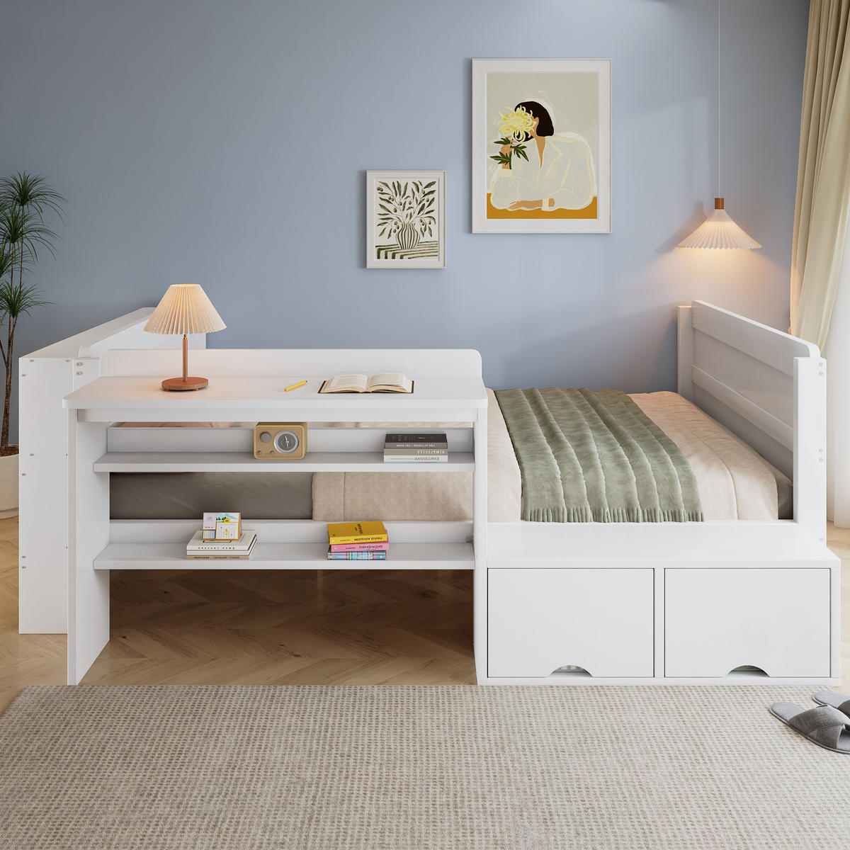 STAURAUMBETT 120/200 cm mit Schreibtisch, DE-41759, in Weiß - Weiß, Holzwerkstoff (120/200cm) - ComfortXL