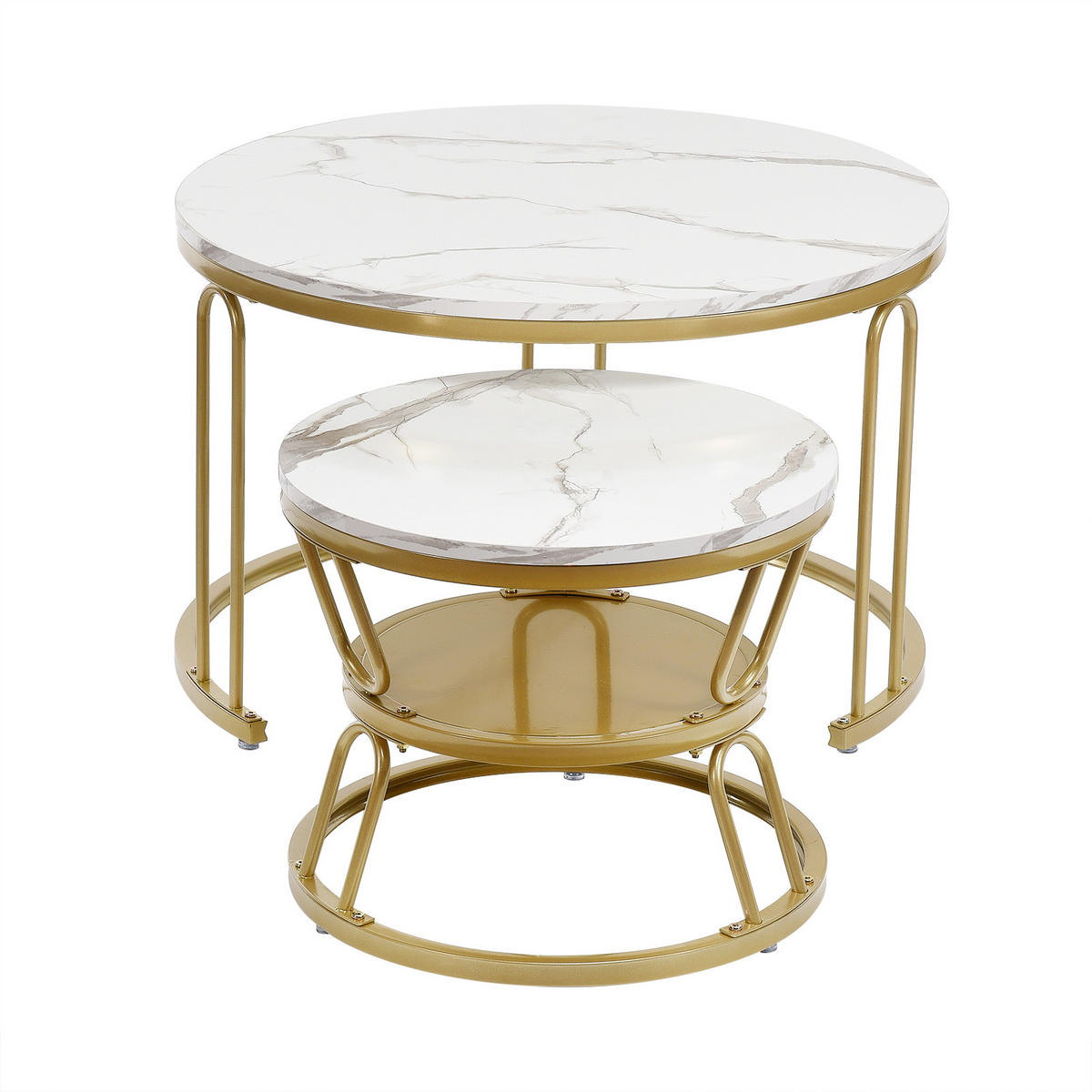 COUCHTISCH 2er Set rund schiebbar Marmoroptik Metall gold weiß - Weiß, Holz (45/70/44.2cm) - LEBENLANG