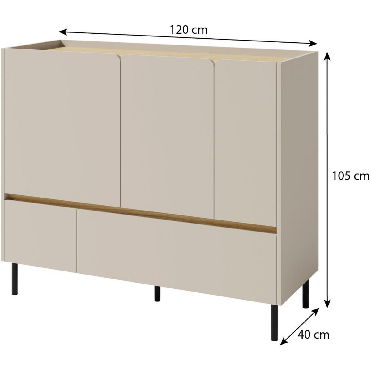KOMMODE Lico mit 2 Schubalden und 3 Türen, Sandbeige - Beige/Schwarz, Holzwerkstoff (120/105/40cm) - Beautysofa