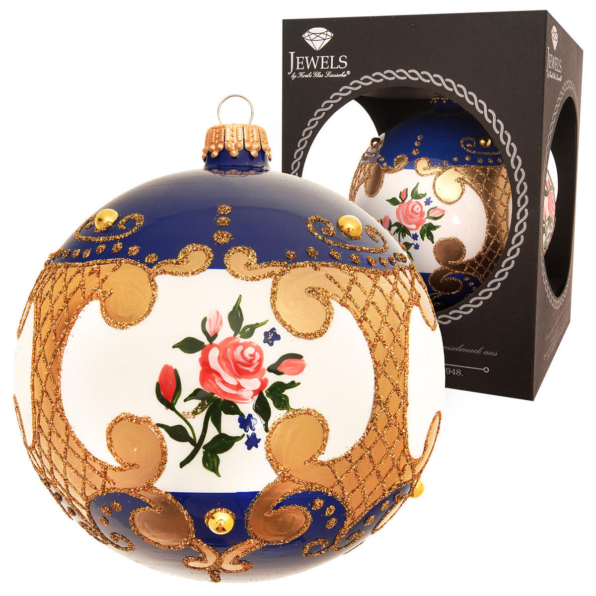 CHRISTBAUMKUGEL Rosendesign Barock Blau 10cm (Glas / 1 Stk.) - Blau, Glas (10/10/10cm) - Krebs Glas Lauscha