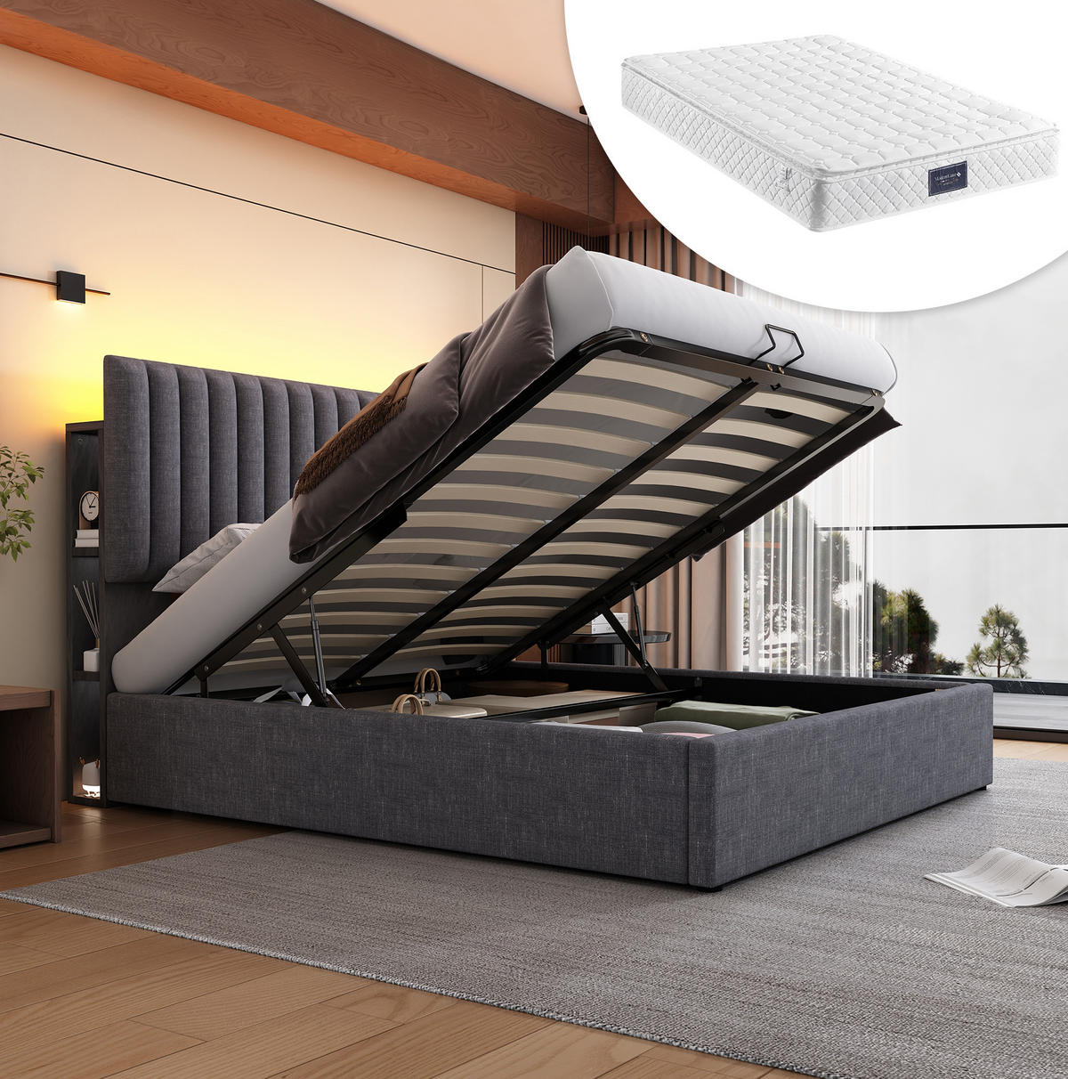 POLSTERBETT 160/200 cm Grau aus Leinen mit LED-Kopfteil und Stauraum - Grau, Textil (160/200cm) - OKMYHOME