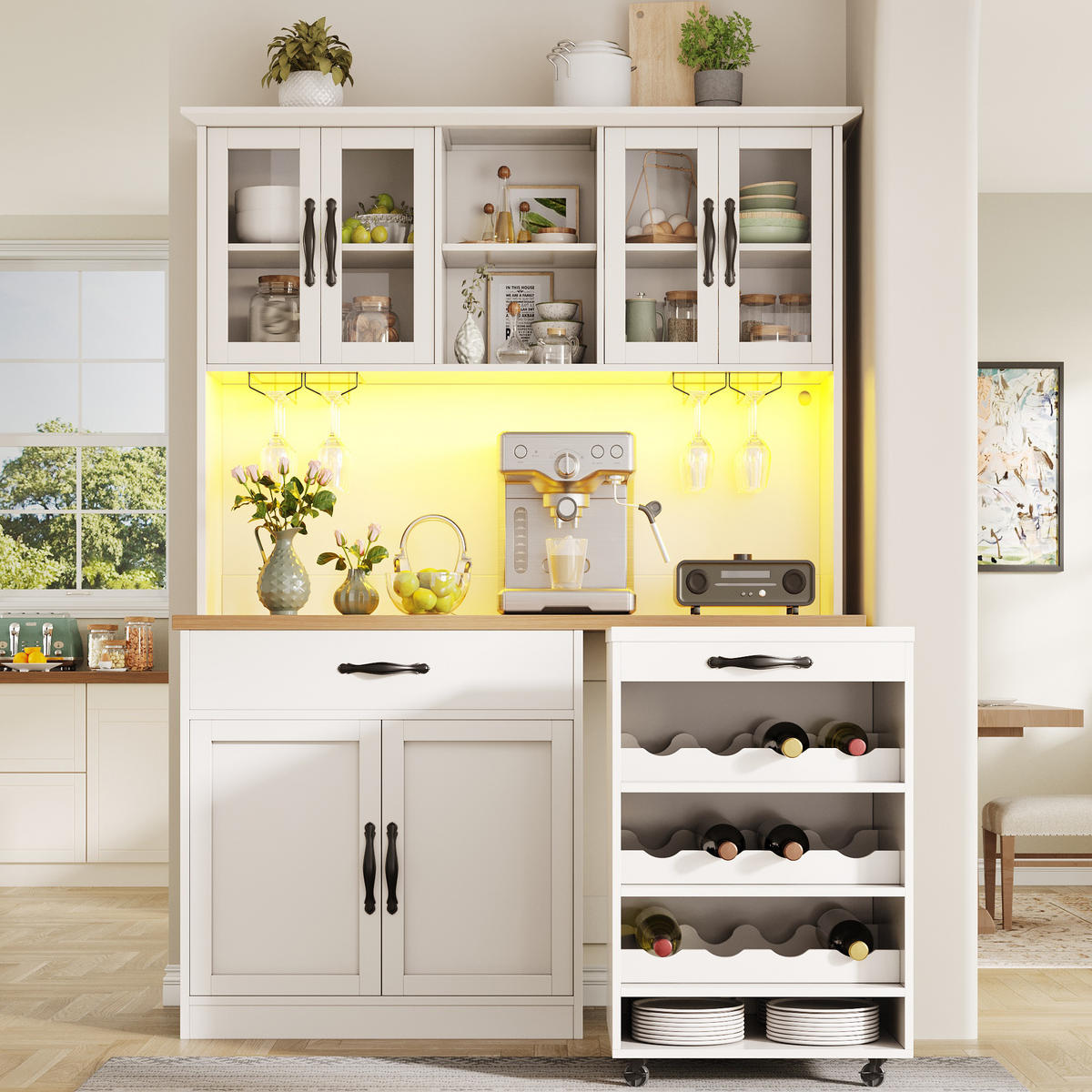 BUFFET Hoher Küchenschrank mit Rollwagen, Weinstauraum, Holz/Glas/Metall, Natur/Schwarz, MDF - Weiß, Holzwerkstoff/Metall (140/180/38cm) - EVRYAE