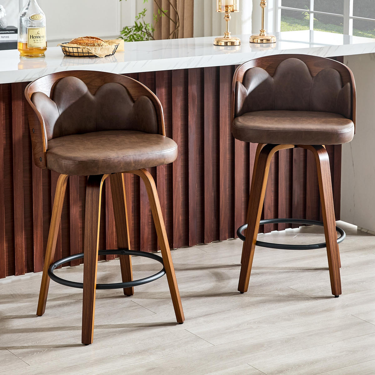 BARHOCKER 2er-Set Braun mit Blüten-Rückenlehne aus Bugholz und PU-Leder - Braun, Holz (46.5/89/41.5cm) - PANGIVO