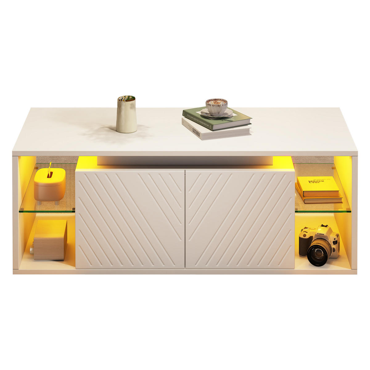 COUCHTISCH Weiß mit LED und 2 Türen 100/50/41 cm - Weiß, Holzwerkstoff (100/50/41cm)