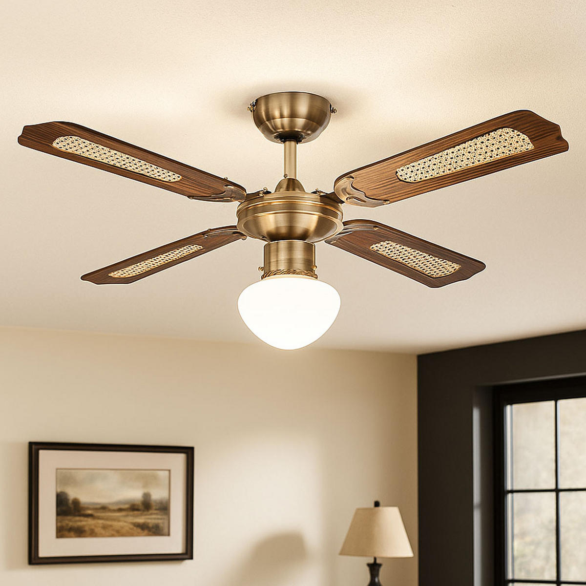 LED DECKENVENTILATOR Messing Opal - Messingfarben, Glas (106.6/52/41.5cm) - Globo Lighting