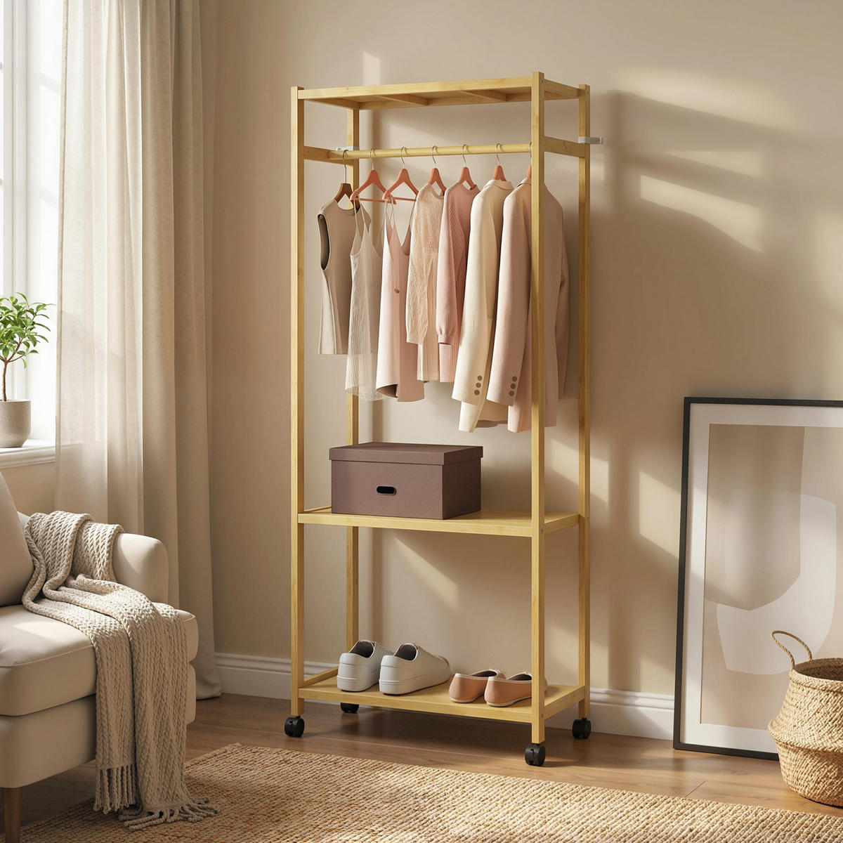 KLEIDERSTÄNDER DE-17898 auf Rollen mit 2 Bambus-Ablagen Natur - Naturfarben, Naturmaterialien (70/175/35cm) - ComfortXL