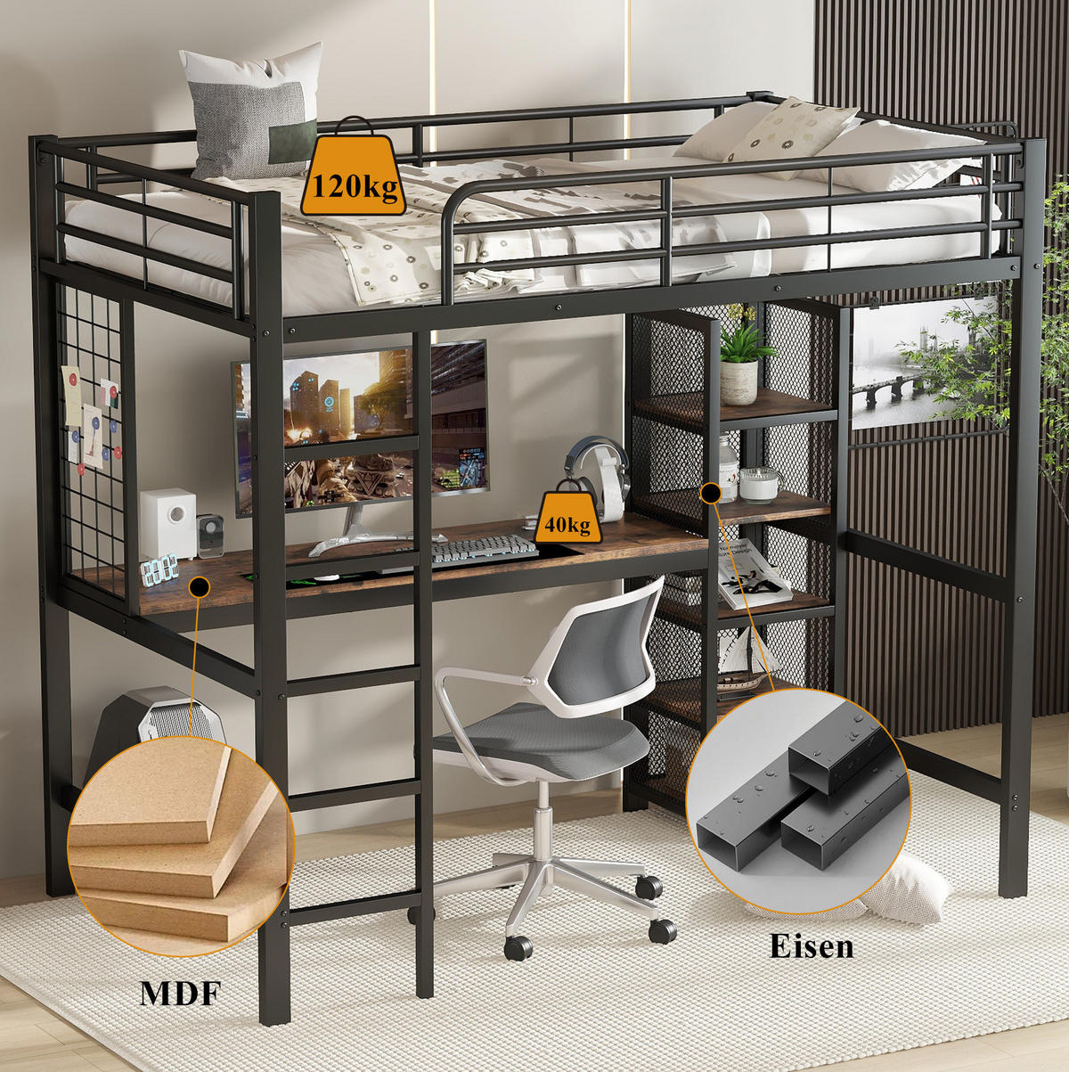 HOCHBETT 90/200 cm in Schwarz/dunkler Holzfarbe mit Tisch und Regalfächern, ohne Matratze - Schwarz, Metall (90/200cm) - MIVRAY