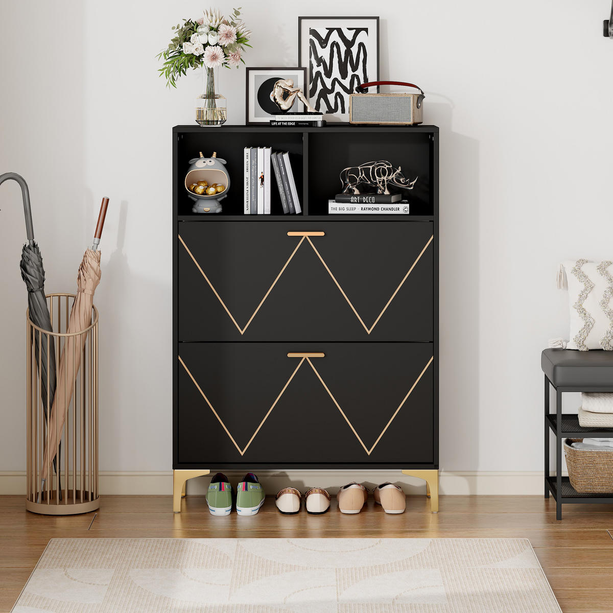 SCHUHSCHRANK 4 Klappen 8 Fächer MDF Metall Sideboard modern - Schwarz, Holzwerkstoff (25/117/160cm) - FLIEKS