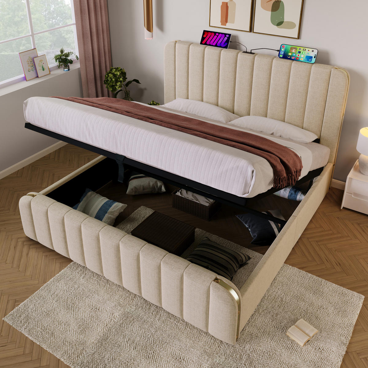 BETT mit Stauraum USB/Typ-C 180x200 cm Leinen Beige inkl. Matratze - Beige, Metall (180/200cm) - Meubliv