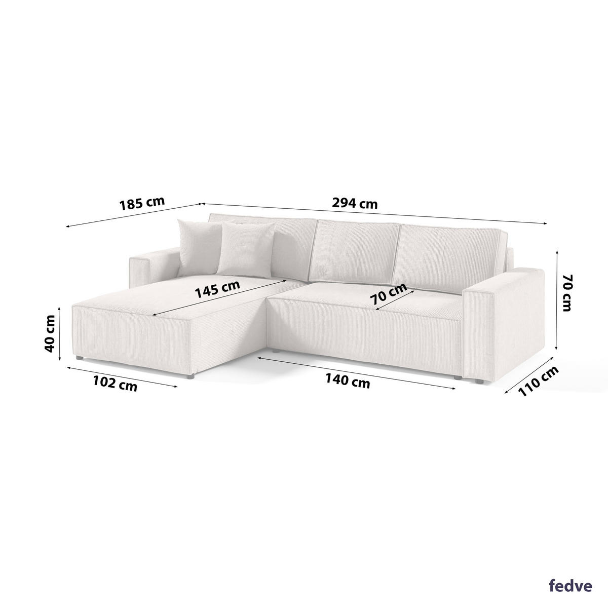 ECKSOFA Couch Sofagarnitur Sekwana L-form Creme - Creme, Naturmaterialien (294/185cm) - Fedve