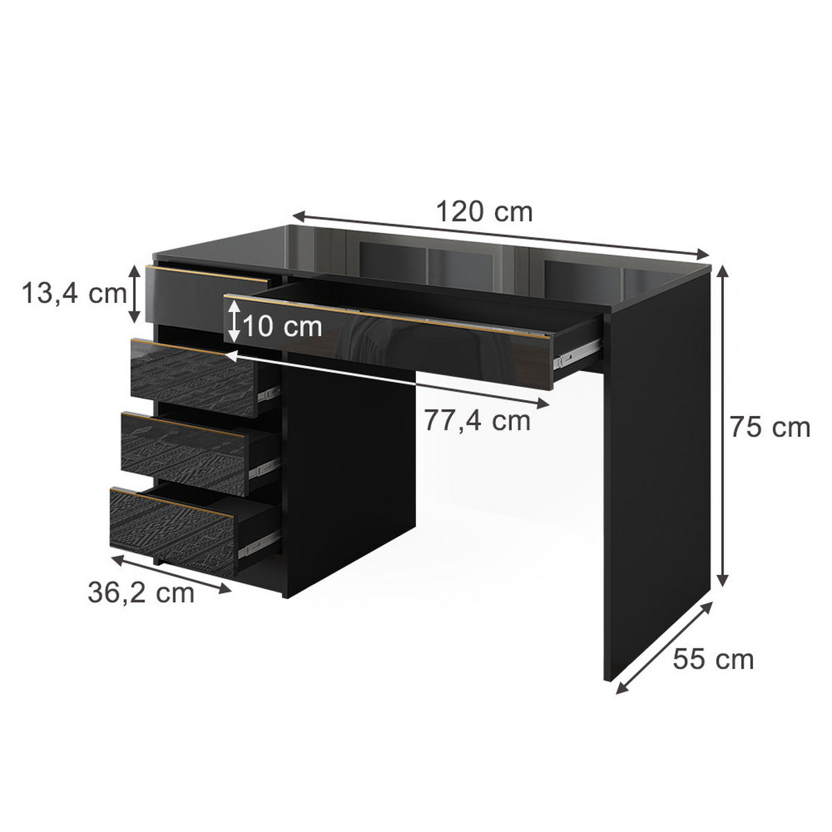 Schwarz Hochglanz/Goldfarben, Holzwerkstoff (120/55/75cm) - Vicco