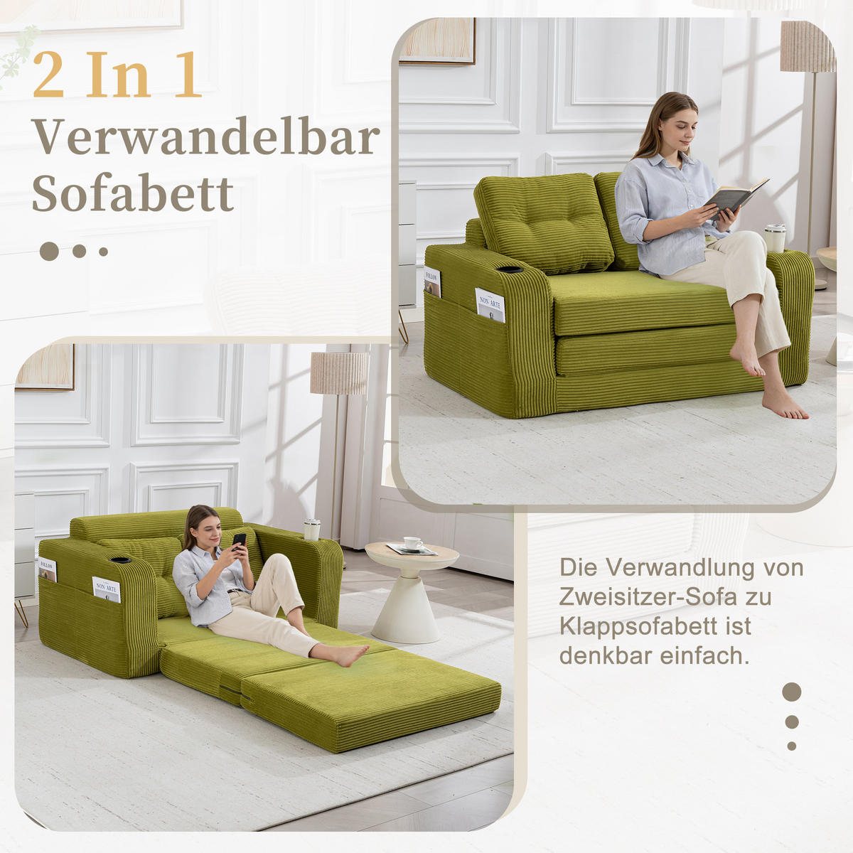 SCHLAFSOFA in Olive Cord mit Getränkehalter und Seitentaschen - Olivgrün, Textil (136/82.5/80cm) - Oxeza