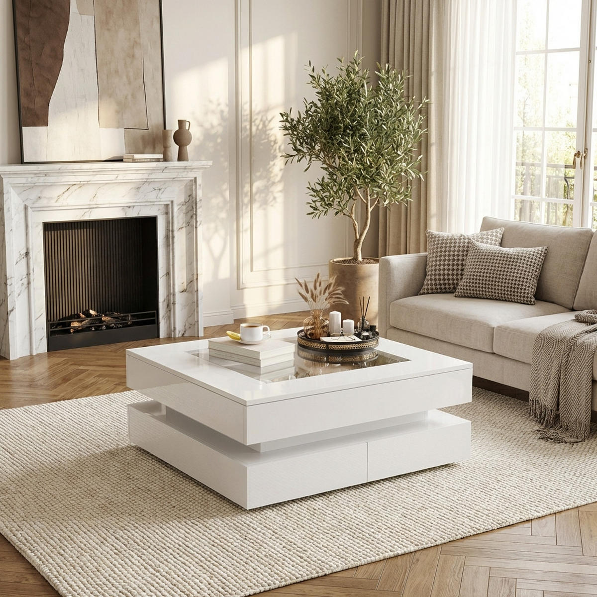 COUCHTISCH 70x70 cm Weiß Hochglanz mit Glasplatte & LED - Weiß, Holzwerkstoff (70/70/35cm) - Urban Meuble