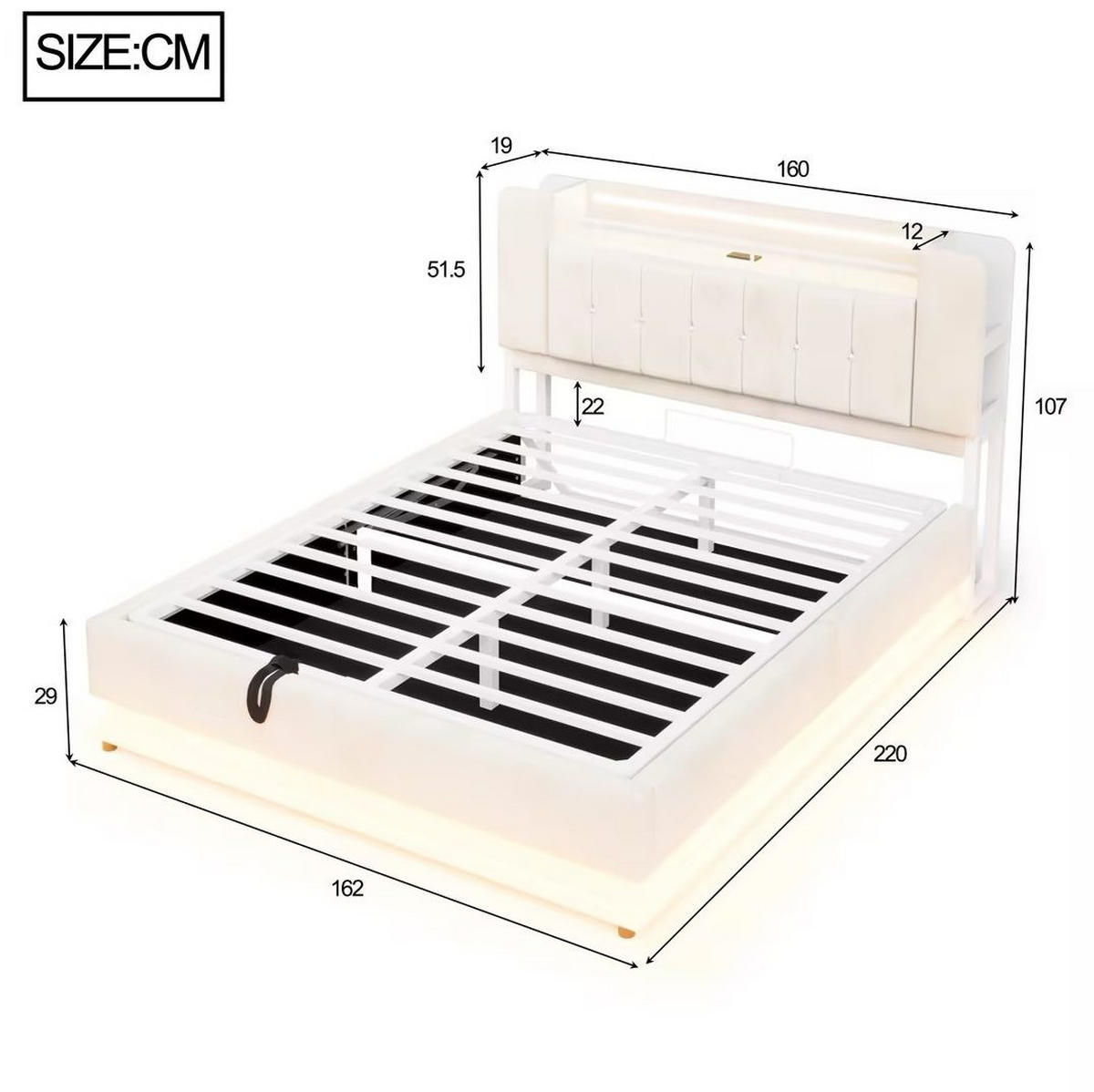 POLSTERBETT aus Samt und Metall 160x200 cm Beige mit LED, USB-Anschlüssen und hydraulischem Stauraum - Beige, Textil (160/200cm) - Modfu
