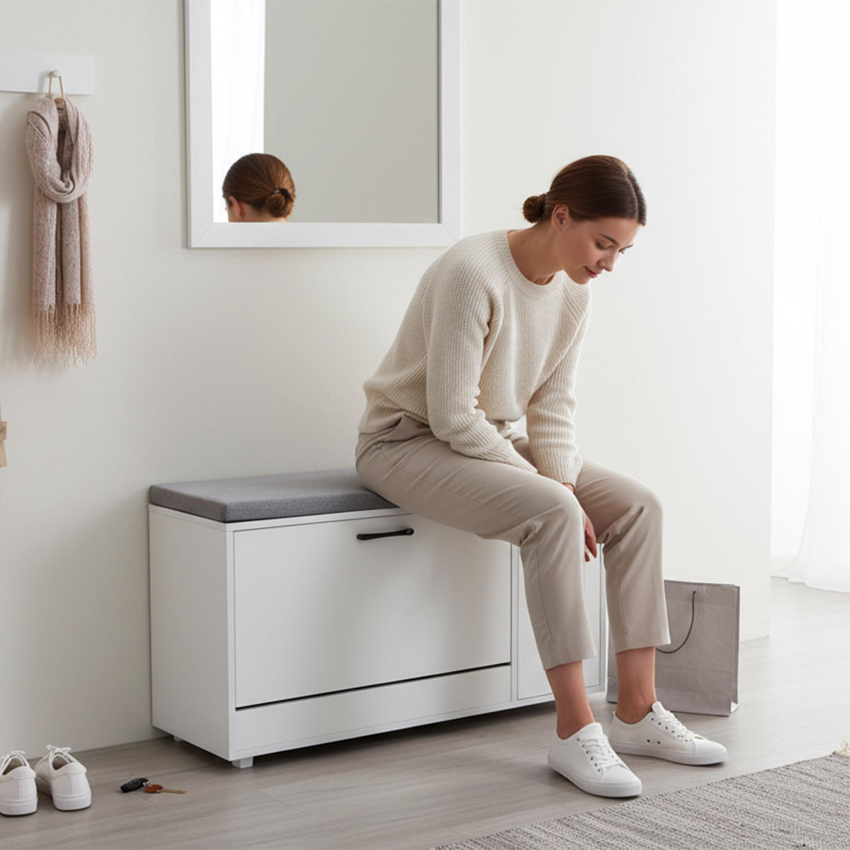 SCHUHBANK - Weiß, Holzwerkstoff/Textil (100/53/37cm) - Relaxdays