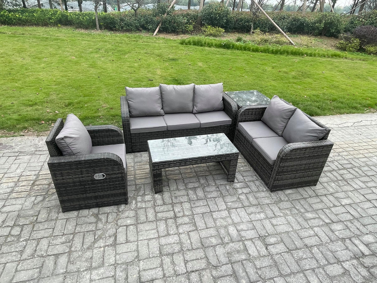 GARTENSOFA SET mit rechteckigem COUCHTISCH Polyrattan 6-Sitzer Dunkelgrau - Dunkelgrau/Grau, Glas/Kunststoff - Fimous