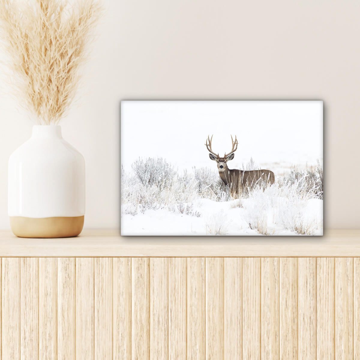 LEINWANDBILD Hirsche - Winter - Schnee - Tiere - Jahreszeiten - Weiß 30x20 cm - Hellbraun, Textil (30/20cm) - MuchoWow