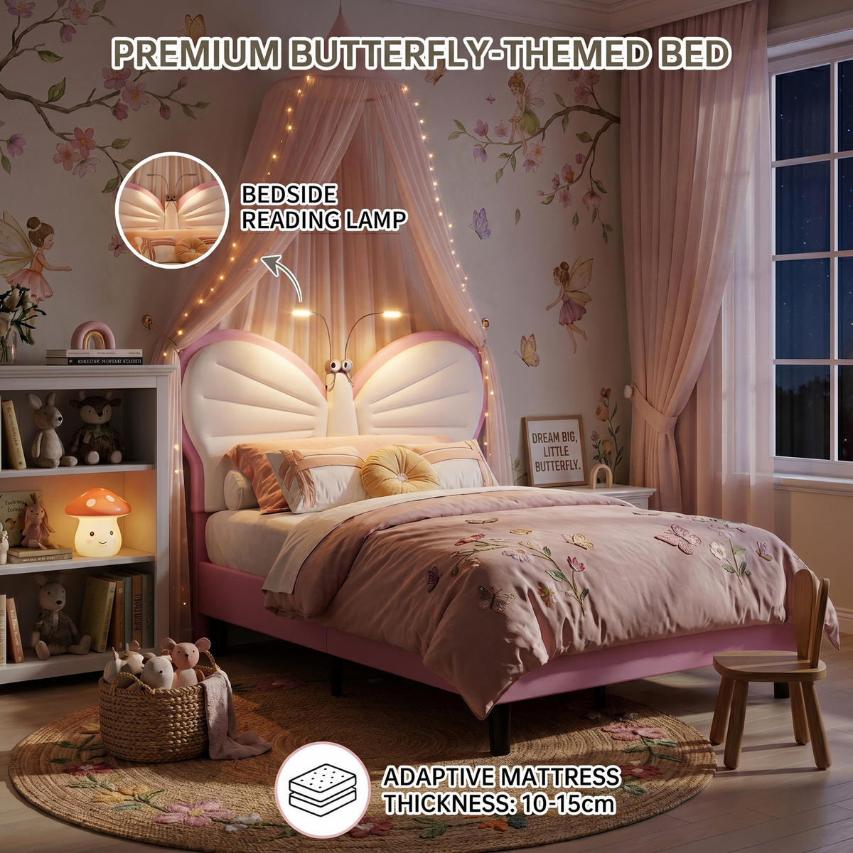 KINDERBETT Schmetterling mit LED-Leselampen 90/200 cm Samt Rosa - Pink, Textil (90/200cm) - Creahappy