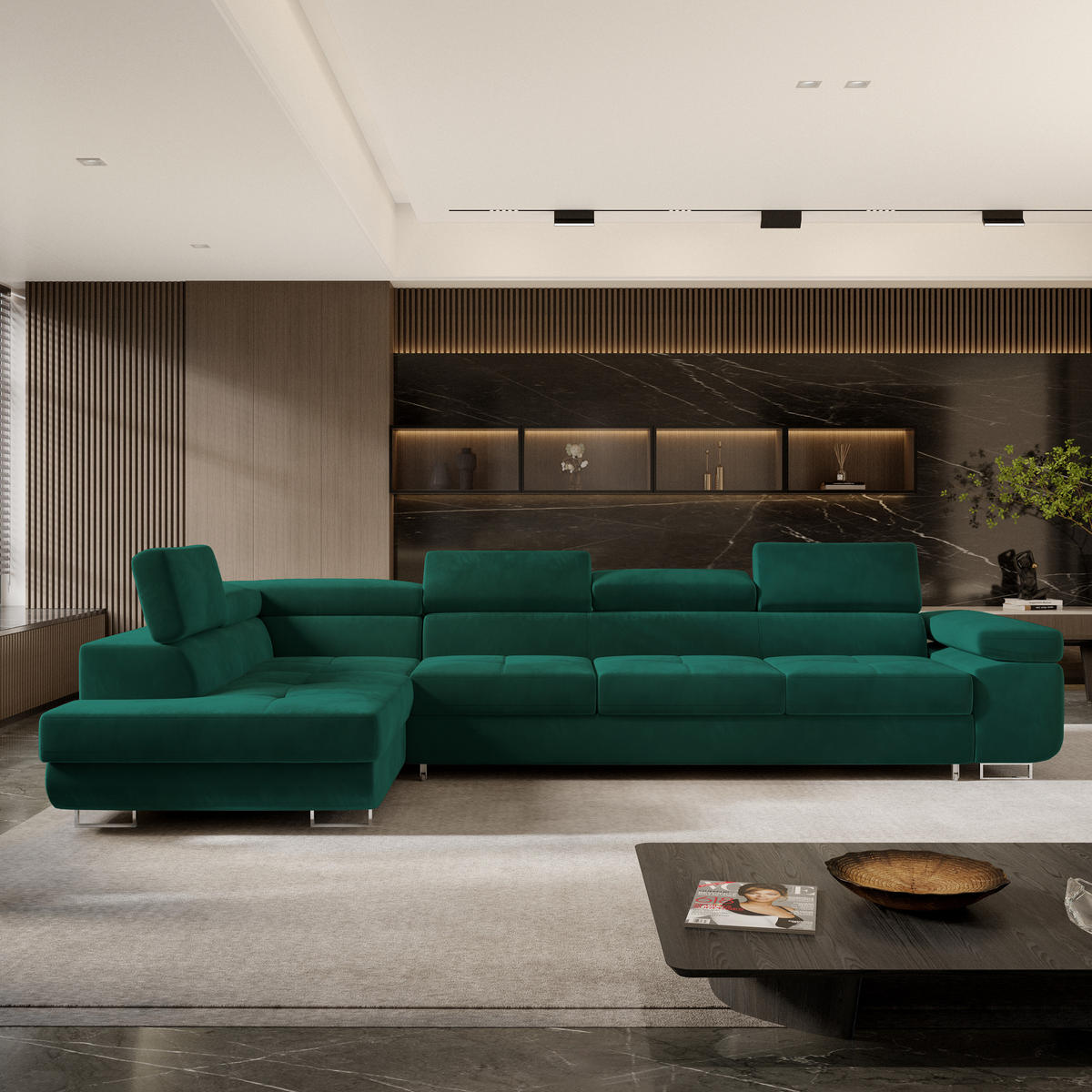 ECKSOFA VICENTE Grün Velours-Stoff mit Schlaffunktion - Grün, Holz (346/202cm) - MASSENO