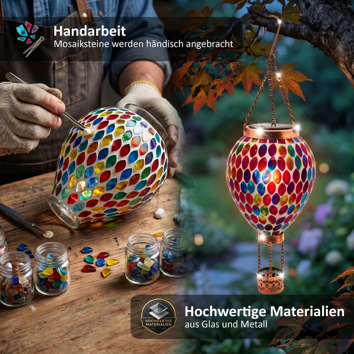 LED-SOLAR Mosaik Hängeleuchte mit Dämmerungssensor Glas Ø14x43cm - Bronzefarben, Glas (14/14/43cm) - Northpoint