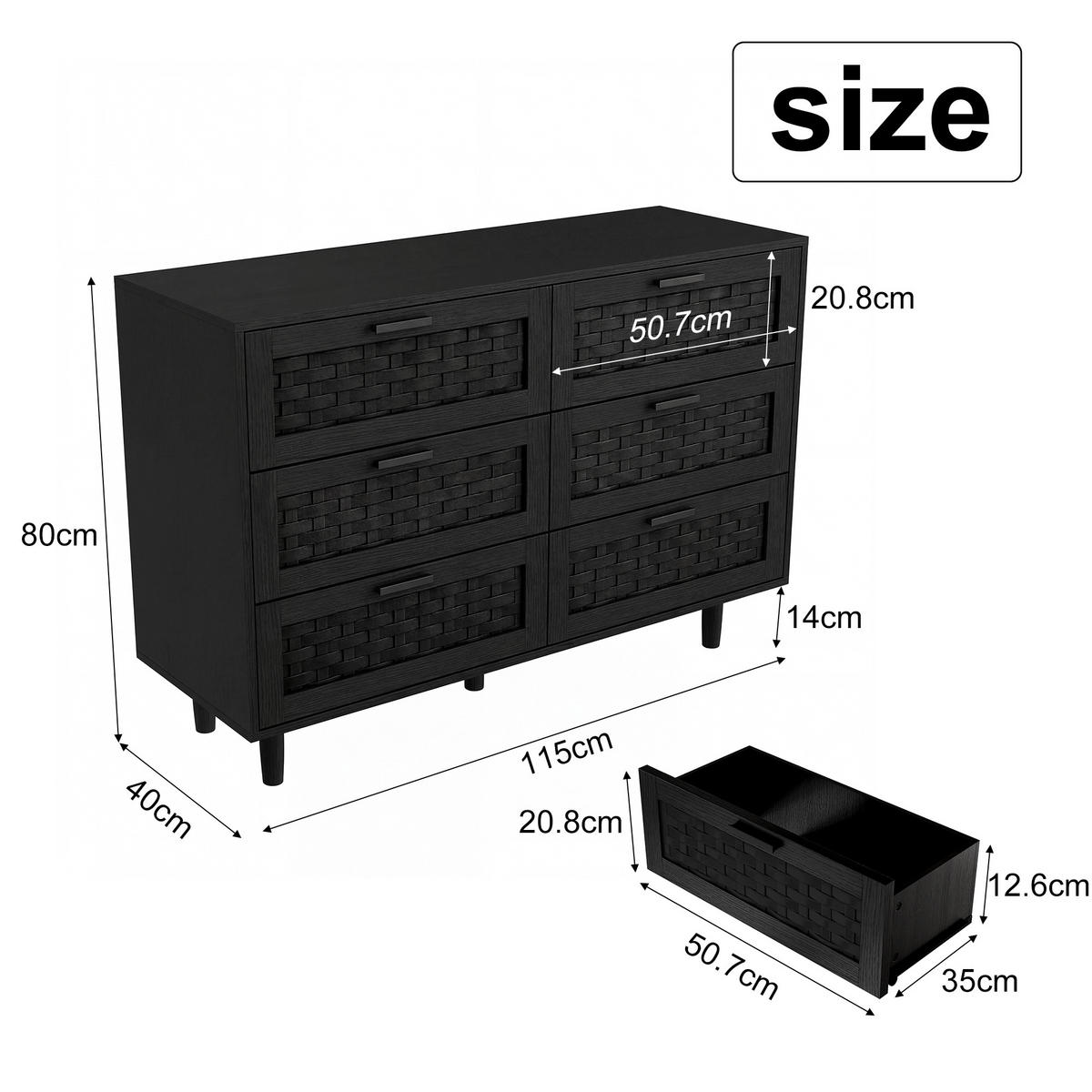 KOMMODE Japandi mit 6 Schubladen in Rattan-Optik 115/40/80 cm Schwarz - Schwarz, Holzwerkstoff (115/80/40cm) - Creahappy