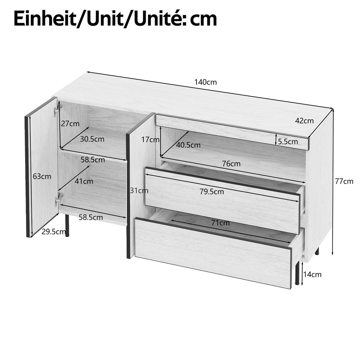 SIDEBOARD 140/42/77 cm Weiß aus Holzwerkstoff mit Schubladen - Weiß, Holzwerkstoff (140/77/42cm) - OKWISH