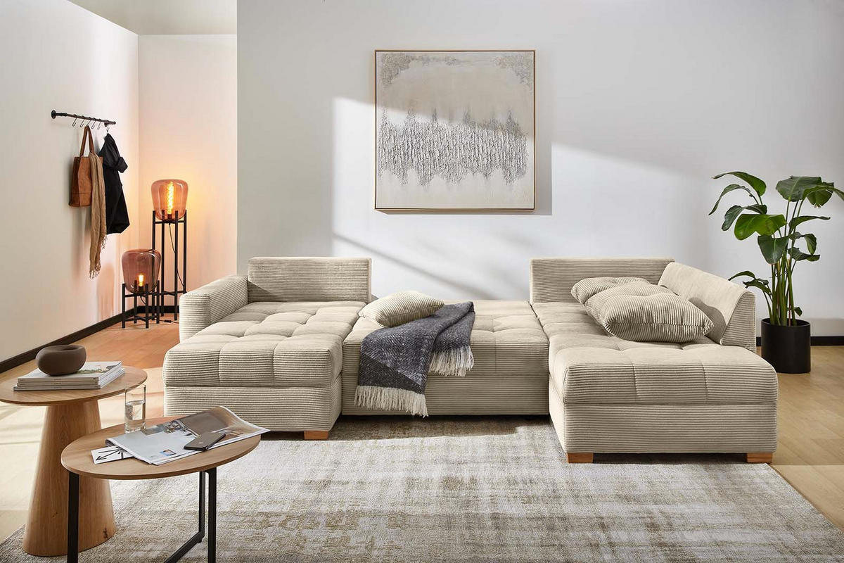 WOHNLANDSCHAFT mit Schlaffunktion und Bettkasten, spiegelverkehrt montierbar U-Form B313/T200/H92 cm, Cord Beige Grau / 15218 - Greige/Eichefarben, Holz/Textil (313/92/200cm) - luma-home